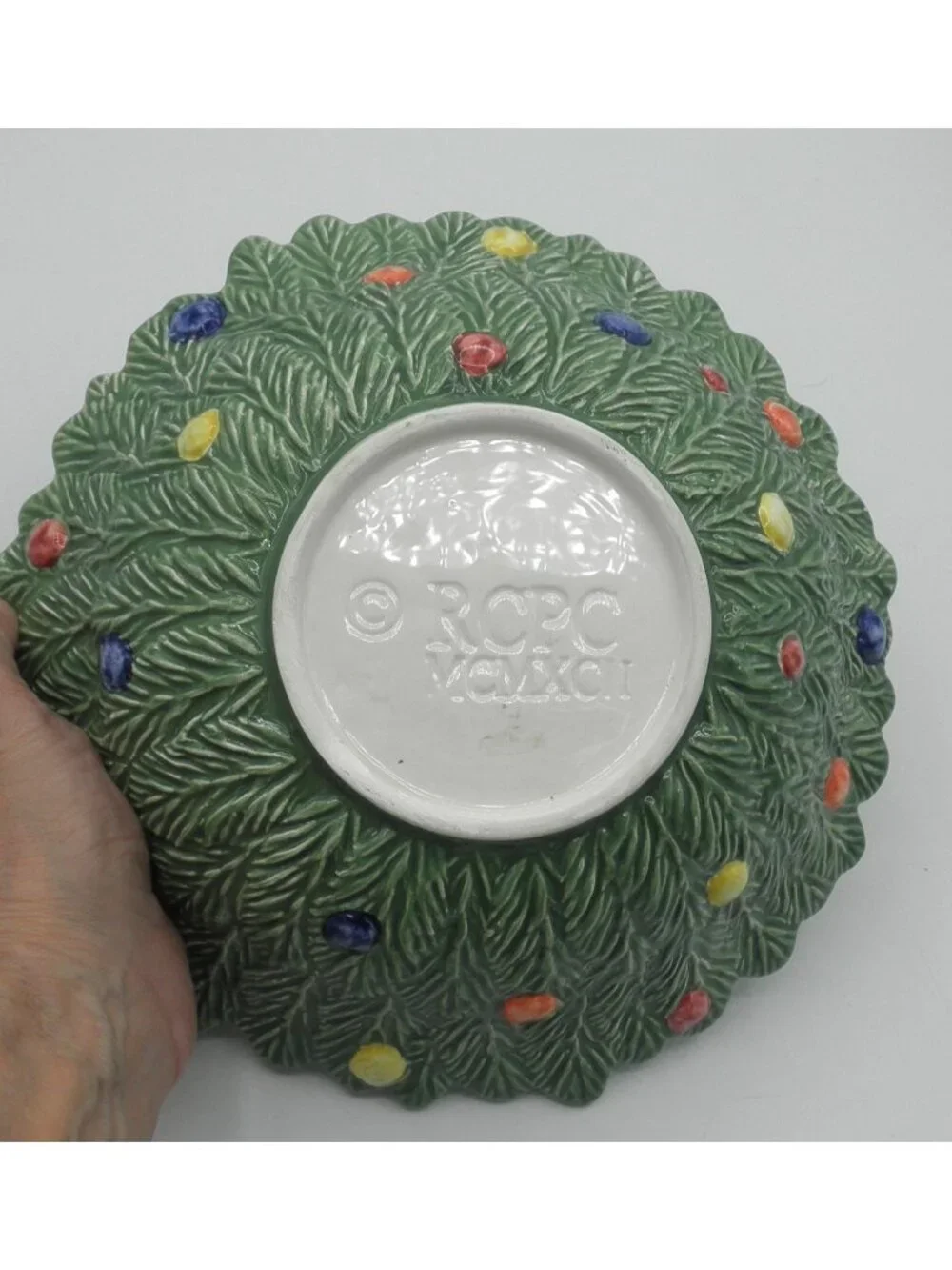 Vintage RCPC Majolica Christmas Overlapping Pine Needles Candy Bowl 8-1/4 Inches